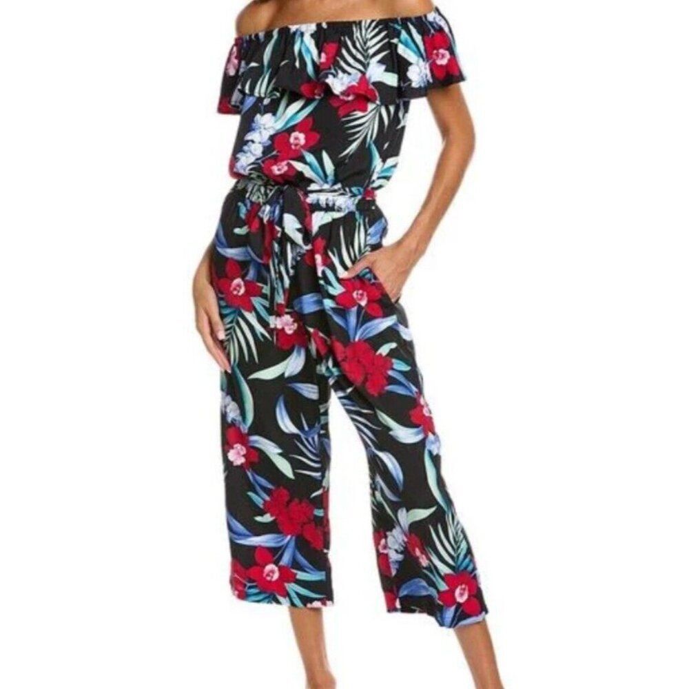 Tommy Bahama Midnight Orchid Off-the-Shoulder Cropped Jumpsuit Floral Hawaiian